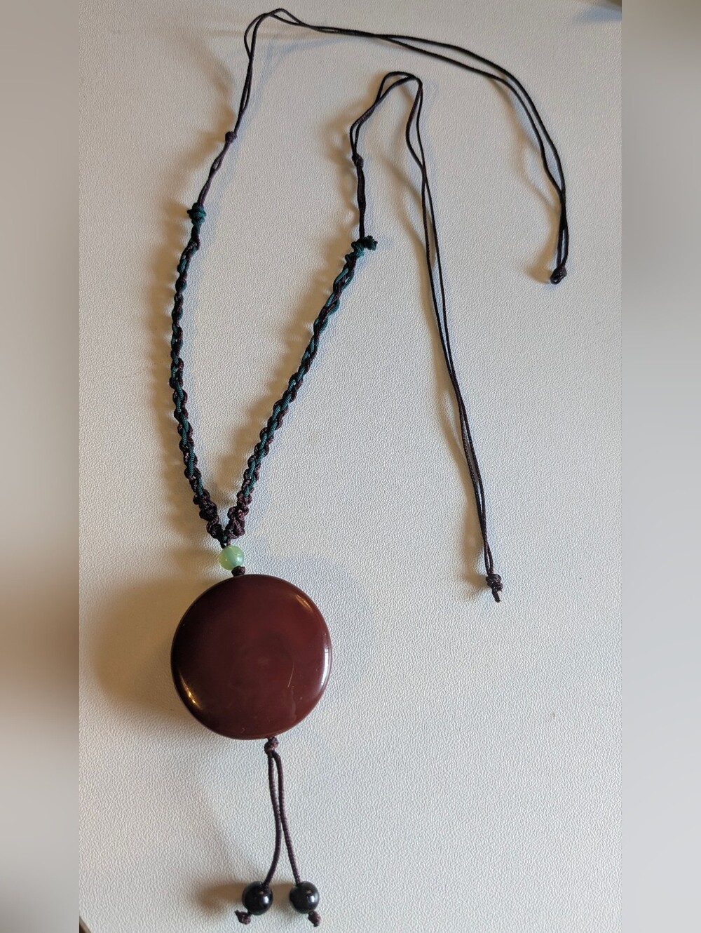 Vintage Tibetan 1.5" Carnelian Pendant Necklace On Braided 25" Cord